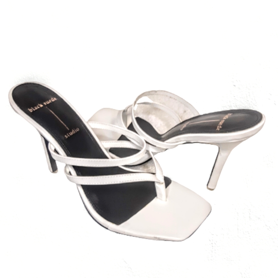 Black Suede Studio Melody Thong Sandal Strapy Heel Mule White Leather